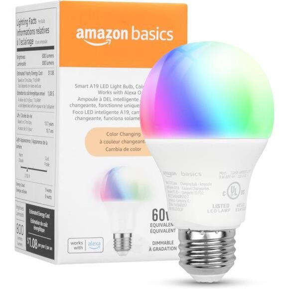 Amazon Basics Smart A19 LED Light Bulb, Color Changing, 9W (60W Equivalent), - Picture 1 of 7